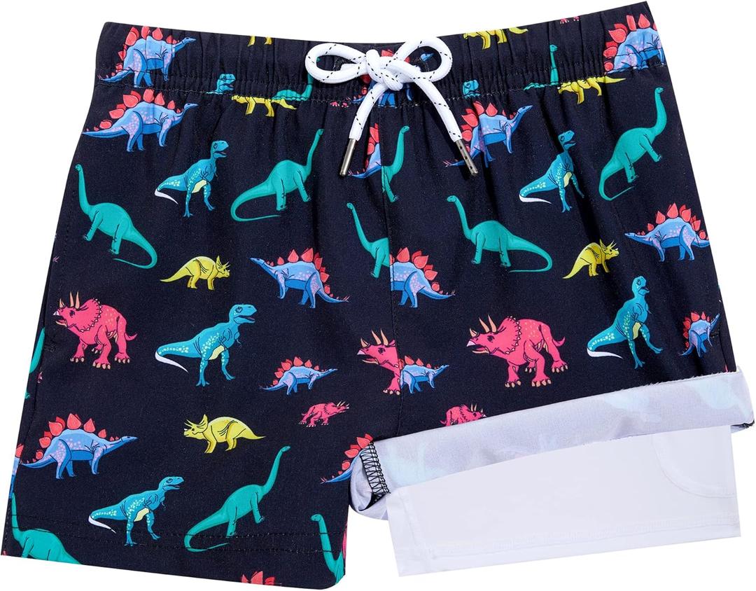 BRISIRA Boys Swim Trunks Bathing Suit Compression Boxer Brief Liner Swim Shorts Swimsuit Anti-Chafe Toddler Kids Youth Teen (5-6, Black Dinosaur)