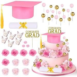 Pink Graduation Cake Decorations 2025 - Congrats Grad Cap Cupcake Topper, Flowers, Diploma Hat Decor Kit Party Supplies