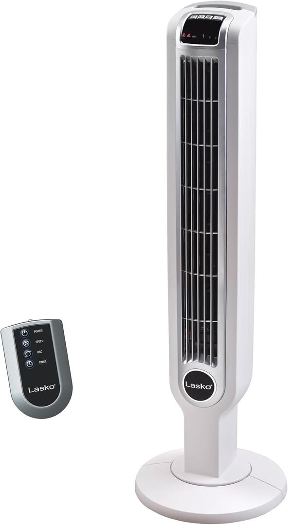 Lasko Oscillating Tower Fan with Remote Control, 3 Quiet Speeds, Timer for Bedroom, Kitchen, Office Use, White, 36" 2510