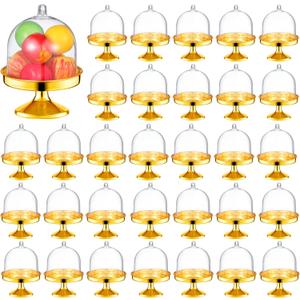 36 Pieces Plastic Mini Cake Stand with Dome Cover Chocolate Candy Cupcake Containers Dessert Display Plate with Dome Cover for Birthday Wedding Holiday Party Supplies (Gold)