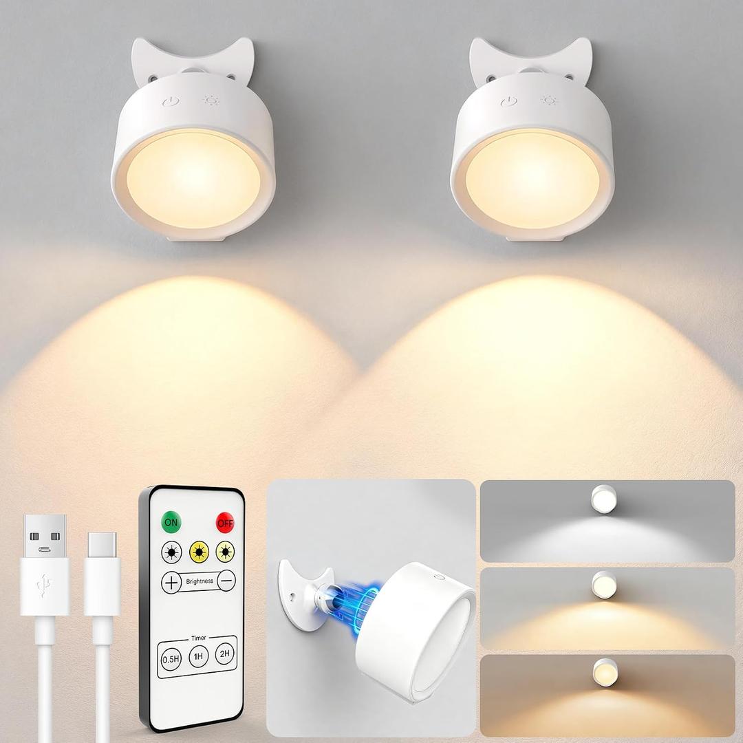 LED Wall Lights, [160H Battery Operated] Wireless Rechargeable Mounted, 3 Color & 4 Brightness Level & 360Rotate & Touch or Remote, Wall Sconces for Reading Bedroom(White,Set of 2)