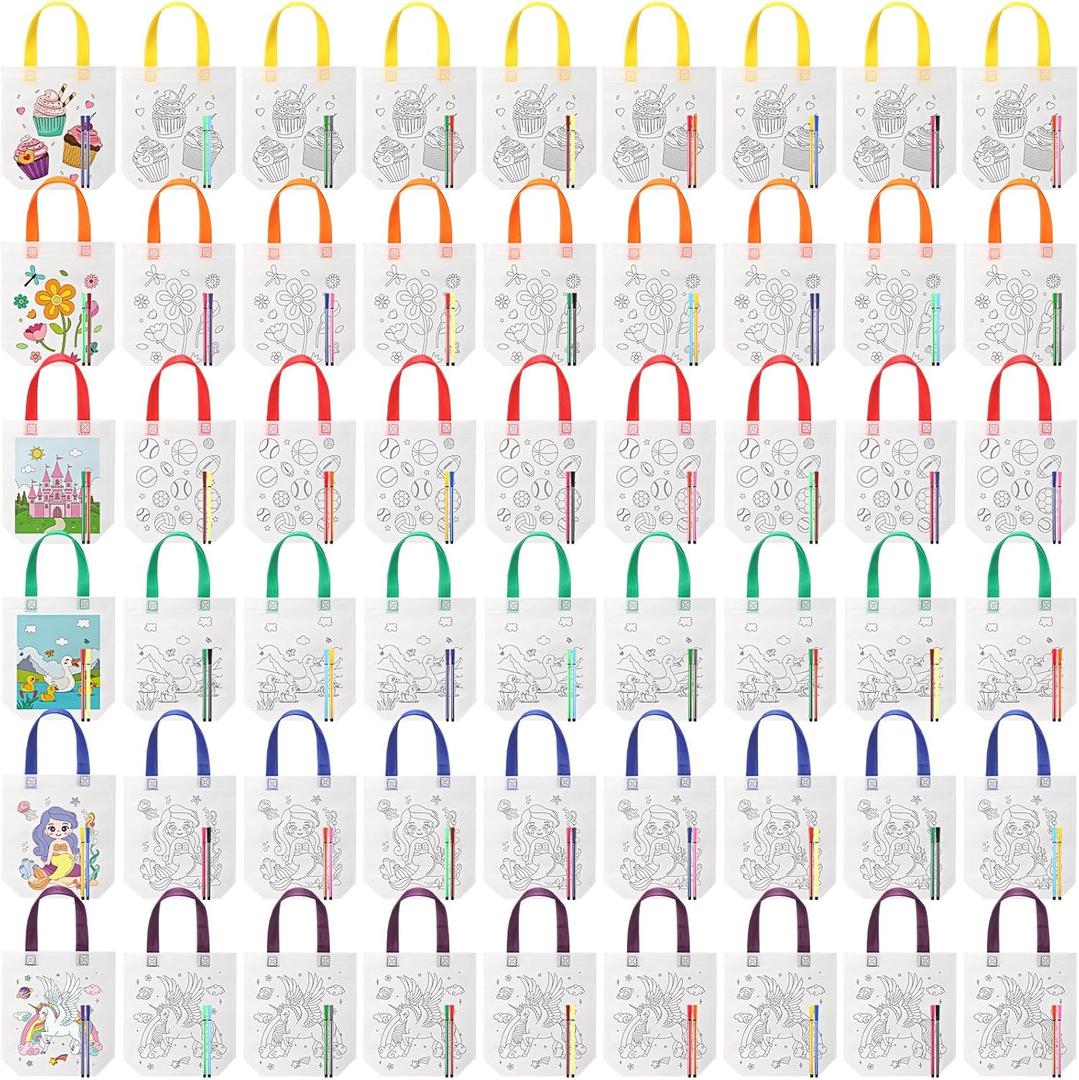 54 Pcs Coloring Goodie Bags with 60 Pcs Colorful Markers Non Woven Color Your Own Reusable Party Favor Bags for Christmas Classroom DIY Crafts Supplies, 6 Styles