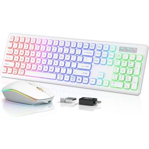 Wireless Keyboard and Mouse - RGB Backlit, Rechargeable & Light Up Letters, Full-Size, Ergonomic Tilt Angle, Sleep Mode, 2.4GHz Quiet Keyboard Mouse for Mac, Windows, Laptop, PC, Trueque(White)