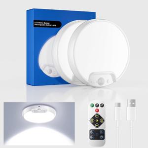 Homelist 2 Pack Upgraded Rechargeable Motion Sensor Ceiling Light, Battery-Powered Ceiling Light with Remote for Closet Stairs Shower Shed Hallway Porch-6000K Cool White