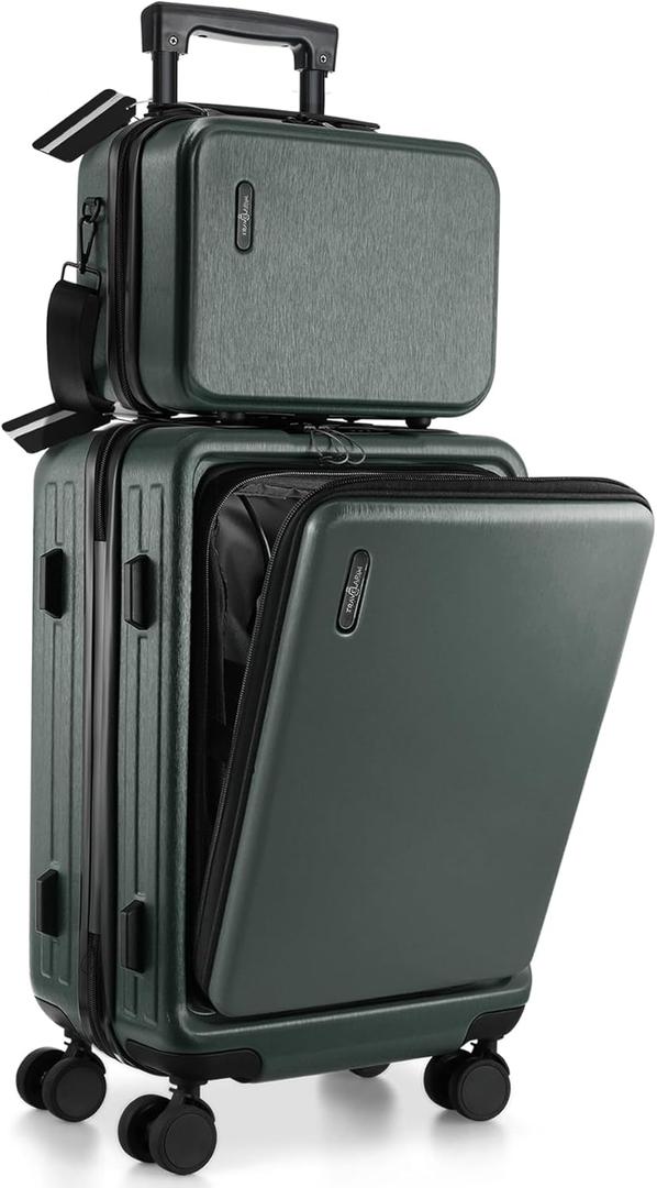 TRAVELARIM 20 Inch Carry On Luggage 22x14x9 Airline Approved, Carry On Suitcase with Wheels, Hard-shell Carry-on Luggage, Durable Luggage Carry-On, Green Small Suitcase with Cosmetic Case