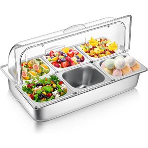 Ziliny 6 Pan Countertop Ice Food Serving Display Container with Clear Roll Top Cover, Stainless Steel Serving Tray Buffet Condiment Dispenser for Restaurant Hotel Kitchen Party, 22.1" x 14.8" x 7.7"
