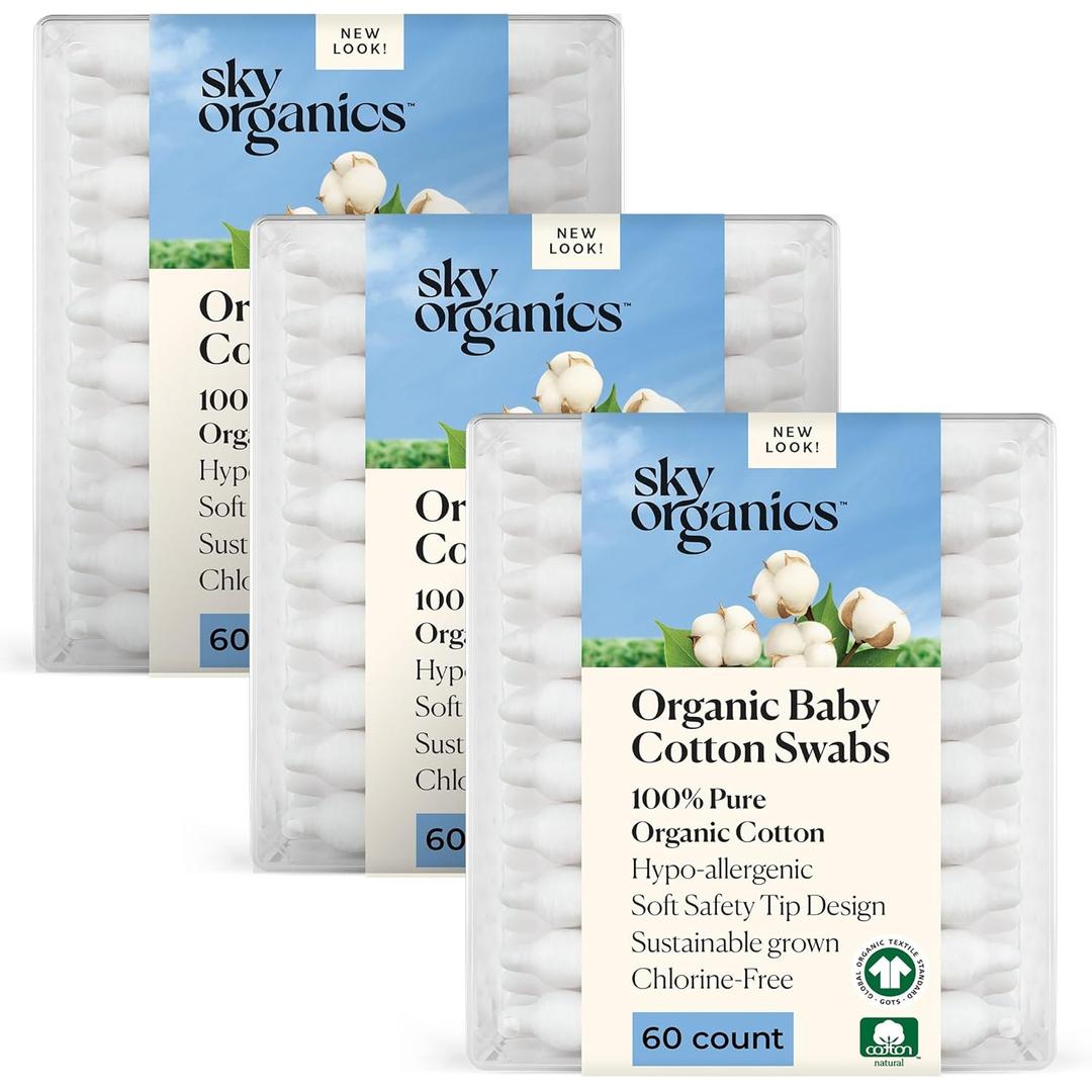 Sky Organics - Organic Baby Cotton Swabs, 180 ct. - Ultra Soft Baby Safe Tips - Strong & Durable - Hypoallergenic - Chlorine Free - Natural, Vegan & Cruelty Free - Skin Care & Baby Care