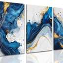 ZQARTZZQ 3 Piece Framed Wall Art Abstract Wall Decor Navy Blue and Gold Pictures Marble Foil Canvas Art Modern Minimalism Paintings Artwork For Living Room Bedroom Office 12x16in