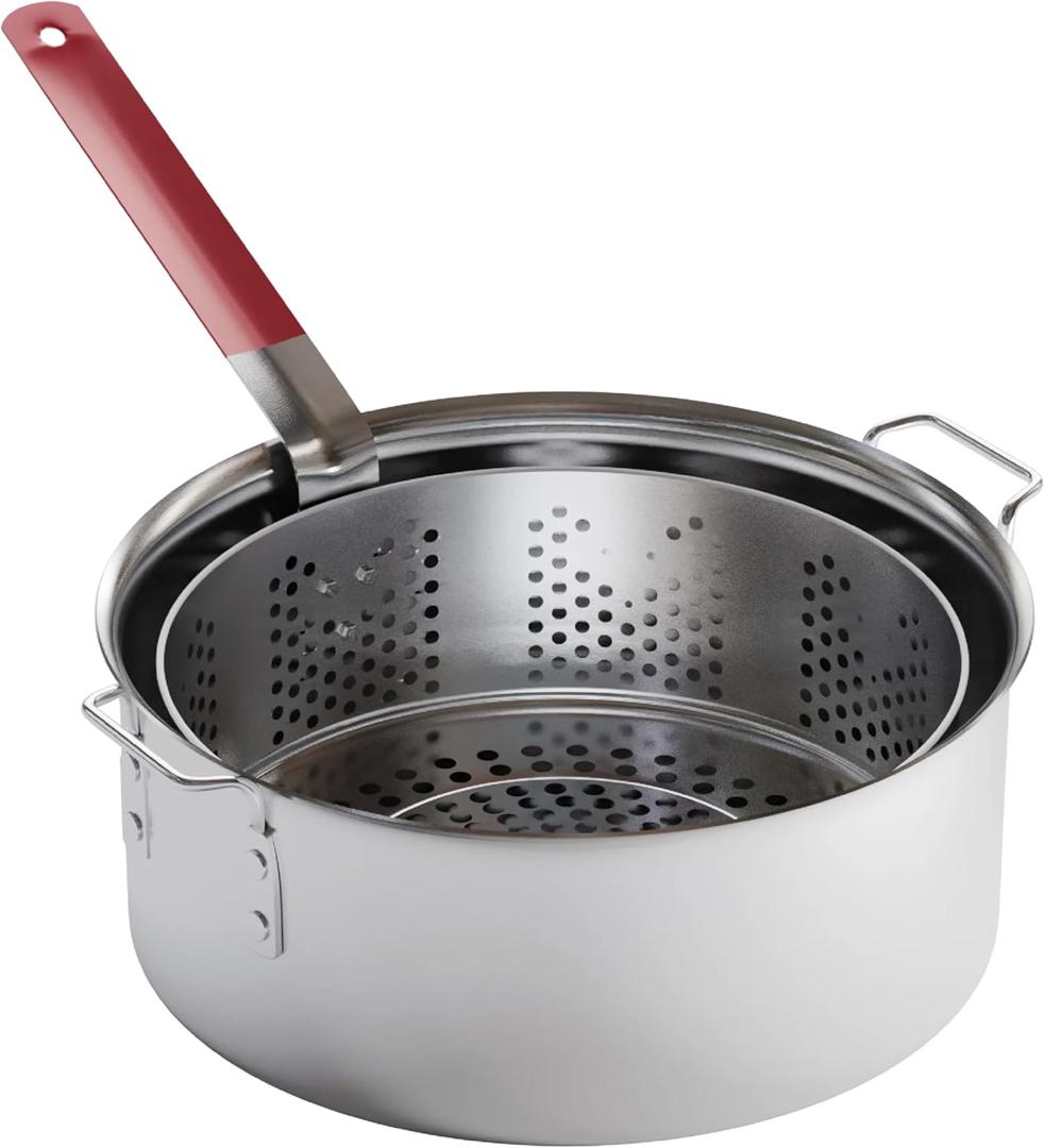 Gas One Aluminum Cooking Pot Deep Fryer with Basket  10QT Aluminum Fry Pot with Easy Grip Handle  Durable Food Grade Outdoor Fryer with Perforated Strainer Basket  Ideal for Seafood, Chicken