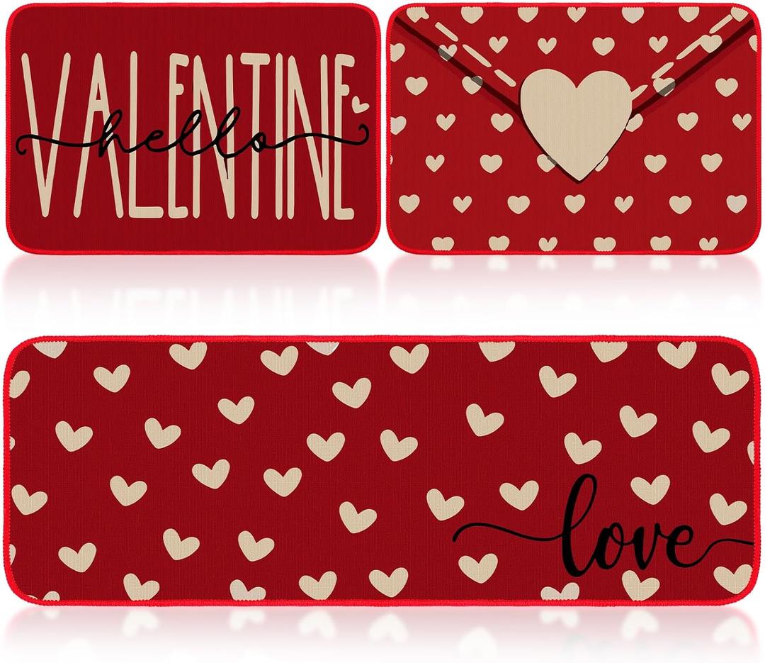 Tinideya 3 Pcs Christmas Kitchen Rug Christmas Mats Set Xmas Rugs Indoor Washable Kitchen Carpet for Winter Home Floor Decor, 16 x 24 Inch and 16 x 47 Inch (Hello Valentine)