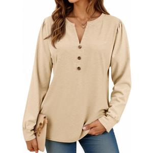 Cicy Bell Womens Puff Long Sleeve Henley Shirts Trendy Casual V Neck Button Up Tunic Tops Loose Fit Basic Tees (L)