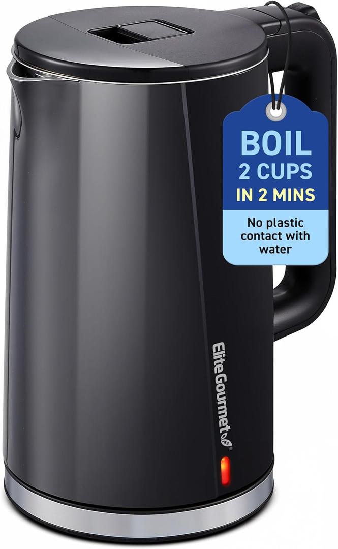 Elite Gourmet 1.7L Cool-Touch 1500W Fast Boil Electric Kettle, Fully Stainless Steel Lid & Interior BPA Free, Double Wall, Auto Shut-Off, Black (1.8 Quarts)