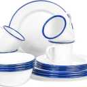 Red Co. 16-Piece Enamelware Metal Dinnerware Set for 4, Solid White/Navy Blue Rim