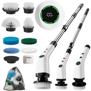 Electric Spin Scrubber, Cordless Cleaning Brush Scrubber with Battery LCD Display for Bathroom, Kitchen and Home, Adjustable Extension Handle, Full Body Waterproof IPX7, 8 Replaceable Brush Heads