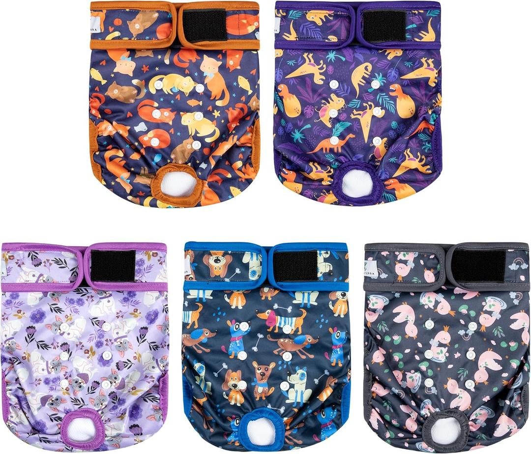 5 Pack Washable Female Dog Diapers,Reusable Diaper for Doggie,Highly Absorbent Dog Diaper,Adjustable Leakproof Puppy Diapers Skirt for Heat,Incontinence,Period Doggy Nappies (S(Newborn-11.5"Waist), Cartoon Animal)