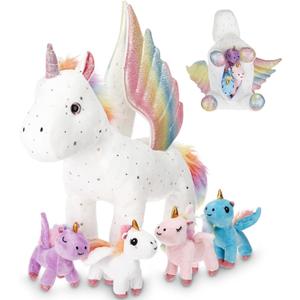 5 Pcs Fly Unicorns Plush Toy Gift Set 15.7" Mom Unicorns with 4 Cute Babies Stuffed Animal in Zippered Back Nurturing Plushies Toy Set for Kid Adults Birthday Party Favors Gifts