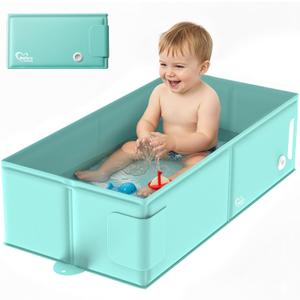 Bellas Friends Baby Collapsible Bathtub, Travel Bath Tub for Baby, Foldable and Portable, Easy Storage, Reinforced Structure, Lightweight, Travel Essentials for 6M-3Y Infant Toddler, Green