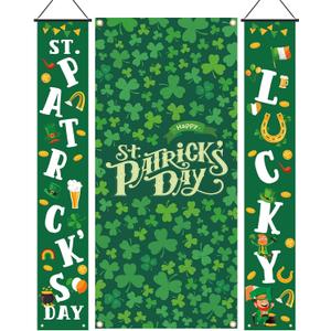 Gilprop 3 Pcs St. Patrick's Day Door Cover Porch Banner Decoration Green Shamrocks Door Decorations Shamrocks Clover Banner Porch Sign Hanging Cover for St. Patrick's Day Home Outdoor Party Decor