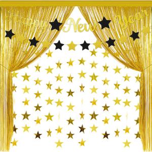 AceOrbit 2026 Happy New Year Decorations Gold Backdrop Birthday Decorations Foil Curtain Backdrop Gold Streamers Garland Star Hanging Bunting Banner Sign DIY for Happy New Year Eve Party Supplies
