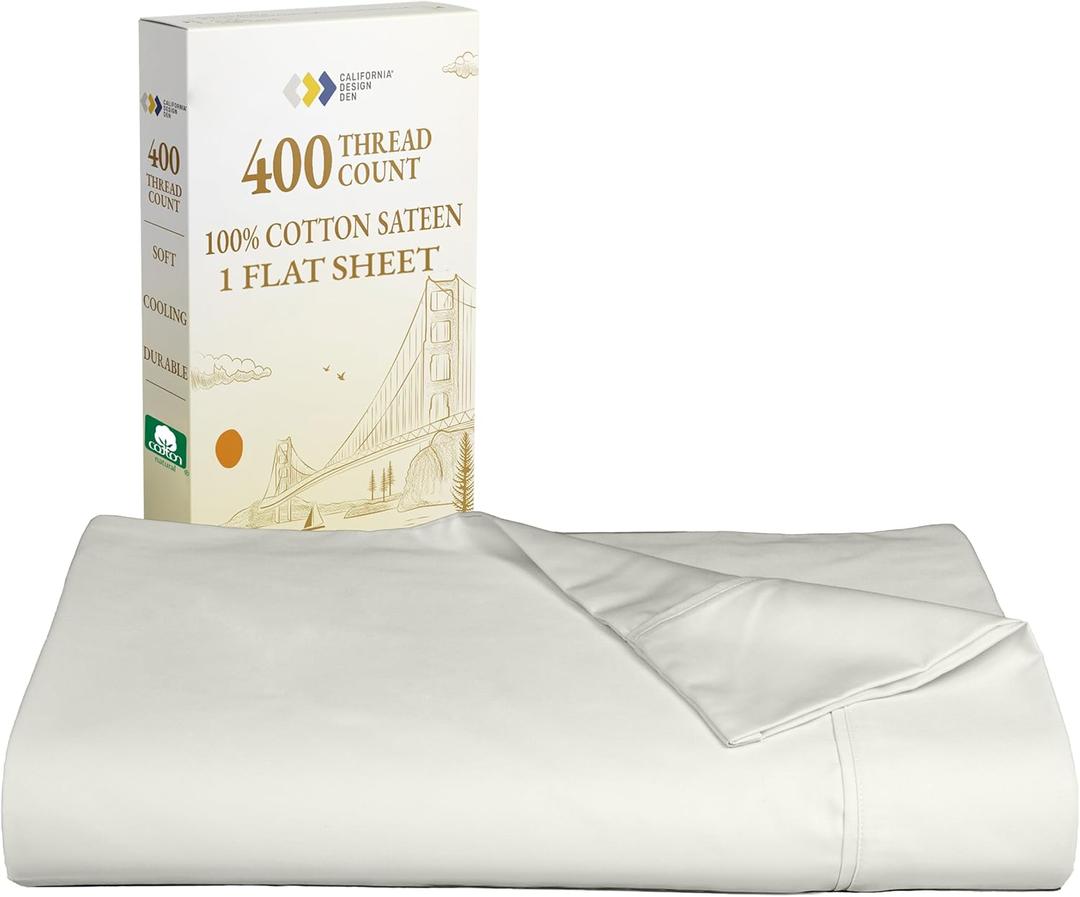 California Design Den King Flat Sheet Only - 400 Thread Count 100% Cotton Sateen, Durable, Cooling and Breathable Bed Sheets - Ivory (Pale Tone)
