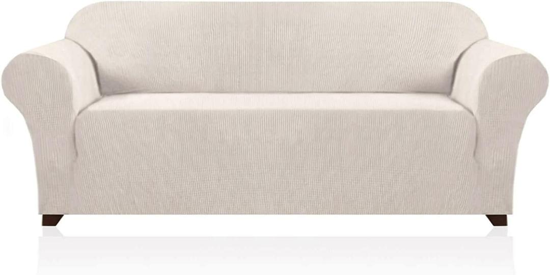 Soft High Stretch 1 Piece Sofa Cover for Moving Lycra Jacquard Sofa Cover for Leather Sofa Stylish Furniture Protector Machine Washable Sofa Cover in Ivory White, 3 Seat Sofa