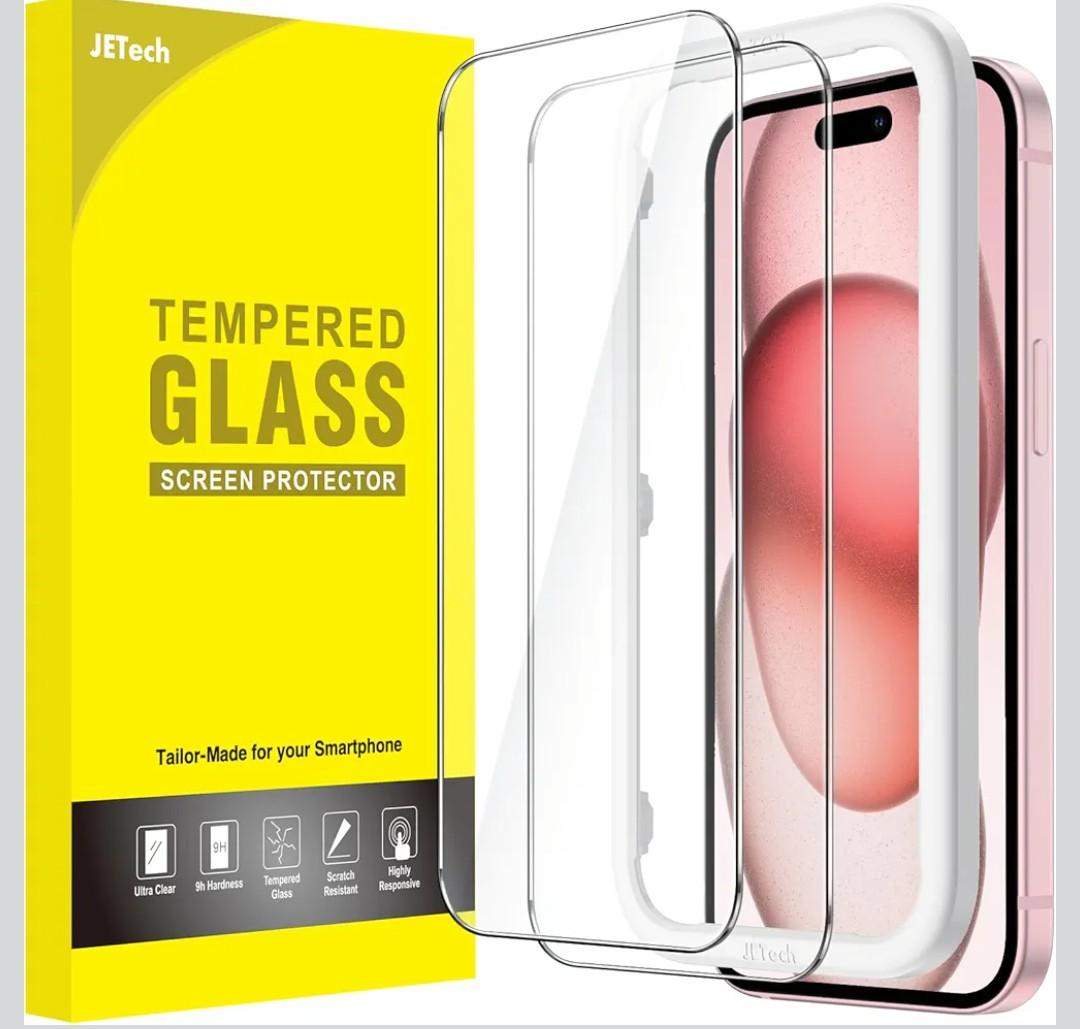 JETech Screen Protector for iPhone 15 6.1-Inch, Bubble Free, Tempered Glass Film with Easy Installation Tool, Case-Friendly, HD Clear, 2-Pack