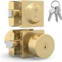 Mega Handles SUANA Entrance Combo, Door Knob and Cylinder Deadbolt and Key Combo, Heavy Duty Locking Door Knobs for Left or Right-Handed Doors Satin Brass