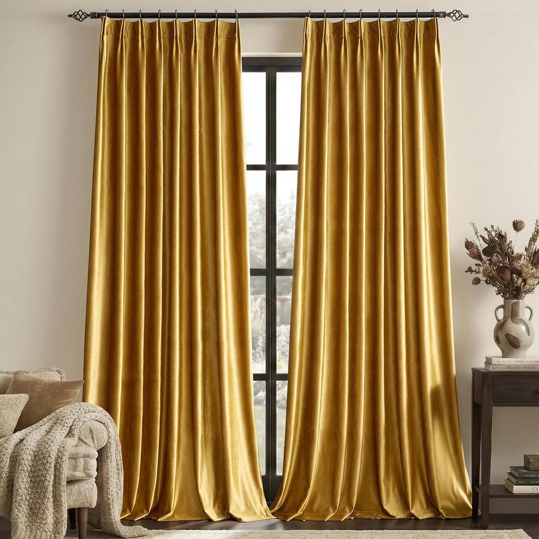 Gold Velvet Pinch Pleated Curtains: Luxury Living Room 90 Inches Long 2 Panels Set Darkening Thermal Insulated Drapes with Hooks- Elegant Soundproof Noise Reducing Back Tab Window Curtain for Bedroom
