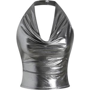 SOLY HUX Women's Halter Crop Tops Y2k Metallic Cowl Neck Open Back Concert Going Out Top Streetwear (Large)