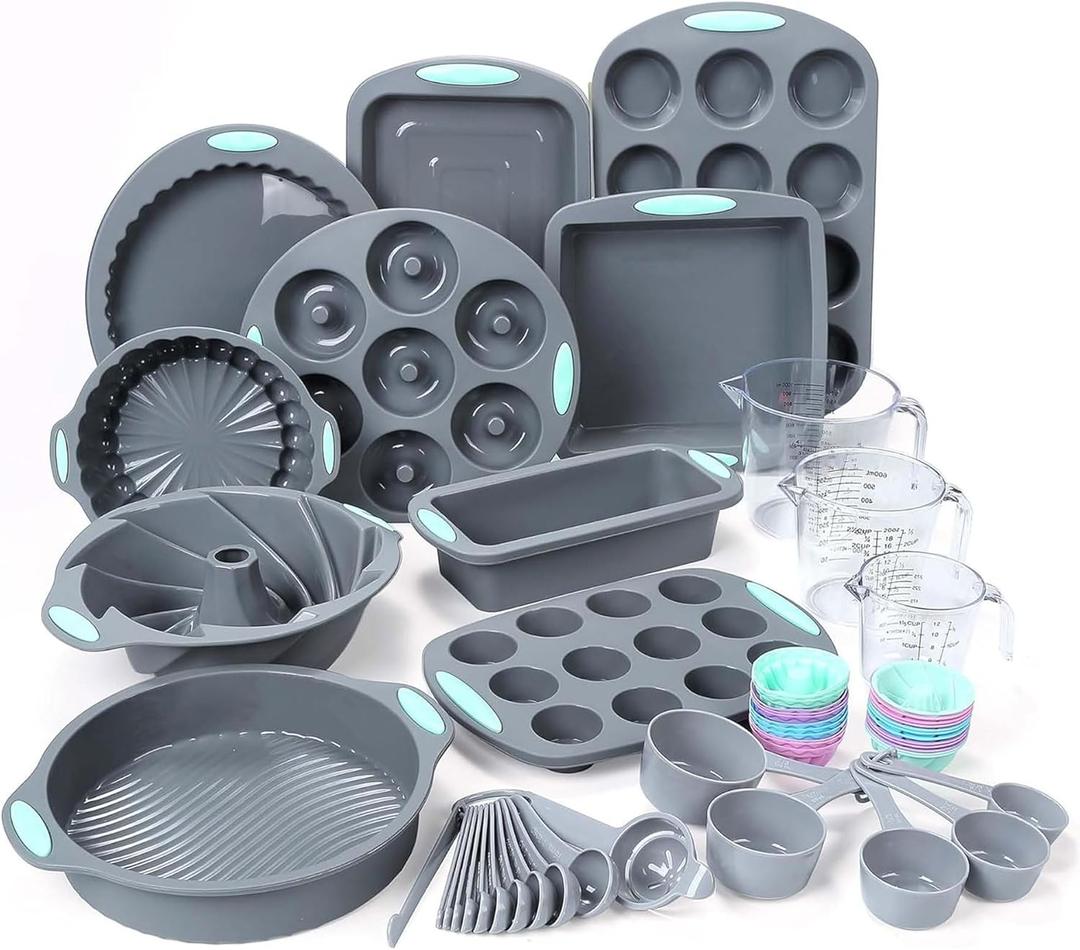 Tongjude 54 Pieces Silicone Baking Pans Set, 10 Silicone Cake Molds, Loaf Pan and Muffin Pans, Non-Stick Baking Cup, with Measuring Cups and Spoons Set, Grey