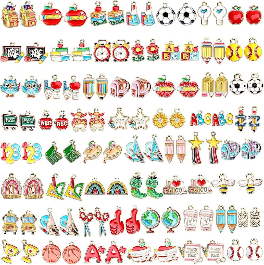 SANNIX 110 Pieces School Themed Charms Bulk, Teacher Jewelry DIY Craft Supplies Enamel Charm for Necklace Earrings Bracelet Teacher Appreciation Gifts Back to School Accessories