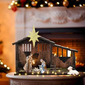 14 x 11 Christmas Wooden Nativity Stable with Fence and Roof Star Nativity Manger Nativity Scene Set 2 Simulated Withered Grass with Light String Nativity Stable Creche (Without Figurines)