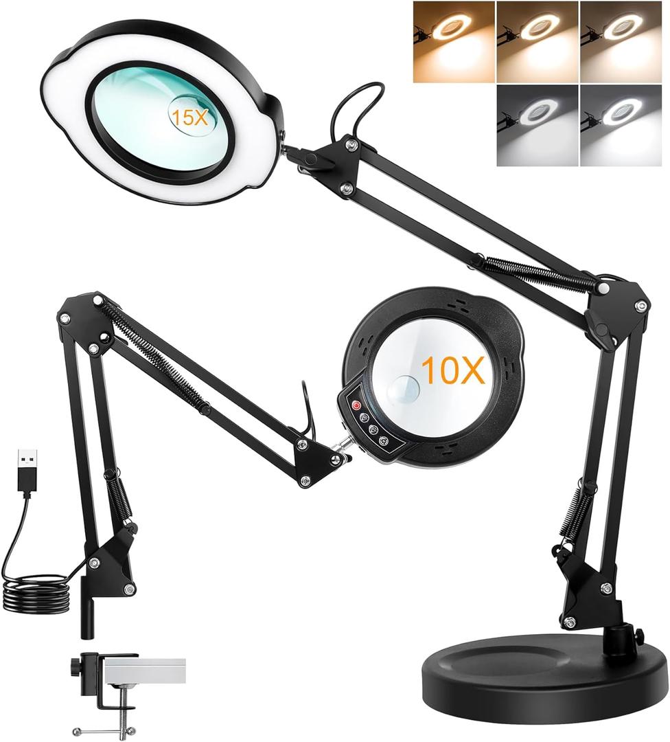 10X Magnifying Glass with Light and Stand, 2 in 1 Real Glass Lens Magnifying Desk Lamp, 5 Color Modes, Brightness Stepless Dimmable LED Lighted Magnifier Hands Free for Repair Craft Close Work
