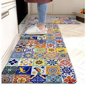 Weesire Boho Kitchen Rugs Set 2 Pieces Memory Foam Colorful Ceramic Comfort Tile Floor Mat Anti Fatigue Non-Skid PVC Runner Rug Water & Oil Proof Carpet for Kitchen Laundry Sink, 17.3x28+17.3x47 Inch