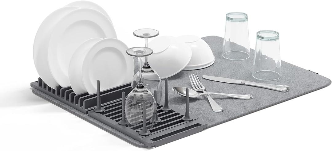 Umbra Udry Dish Rack with Movable Pegs and Microfiber Drying Mat Space-Saving Design Folds Up for Easy Storage, Basic Rack, Dark Grey