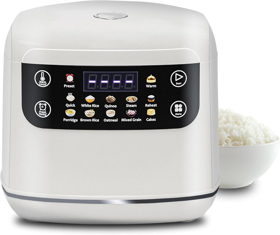Portable Digital Rice Cooker, 6-Cup (Uncooked)/12-Cup (Cooked) Small Rice Maker with Steaming Basket, Mini Rice Cooker with 2L Removable Nonstick Inner Pot, 10 Menu Options, Auto Keep Warm, 24 Hour Delay Timer, White