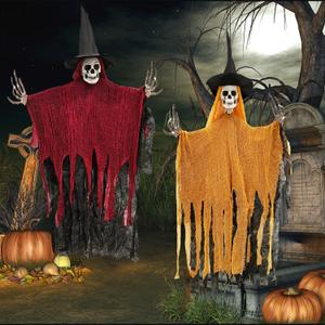 2 Pack Hanging Halloween Skeleton Ghosts Decorations, Scary Grim Reapers with Hat, Halloween Decor Outdoor for Haunted House Props, Window, Tree, Garden, Yard Decorations