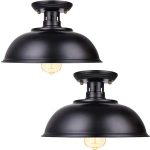Vintage Rustic Semi Flush Mount Light, Farmhouse Black Ceiling Fixture, Industrial Lights for Hallway, Stairway, Foyer, Kitchen, Porch, Entryway (2 Pack)