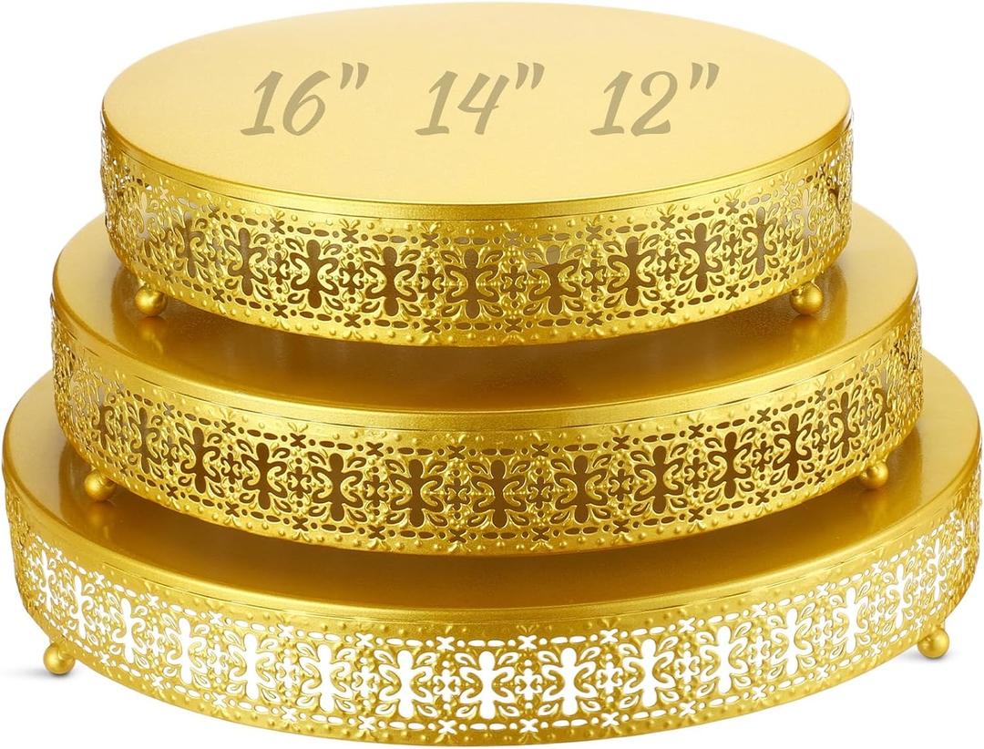 Wenqik 3 Pack Round Metal Cake Stands 12" 14" 16" Dessert Display Cupcake Stands Elegant Display Plate for Wedding Birthday Party Event Anniversary and Table Decoration, Gold