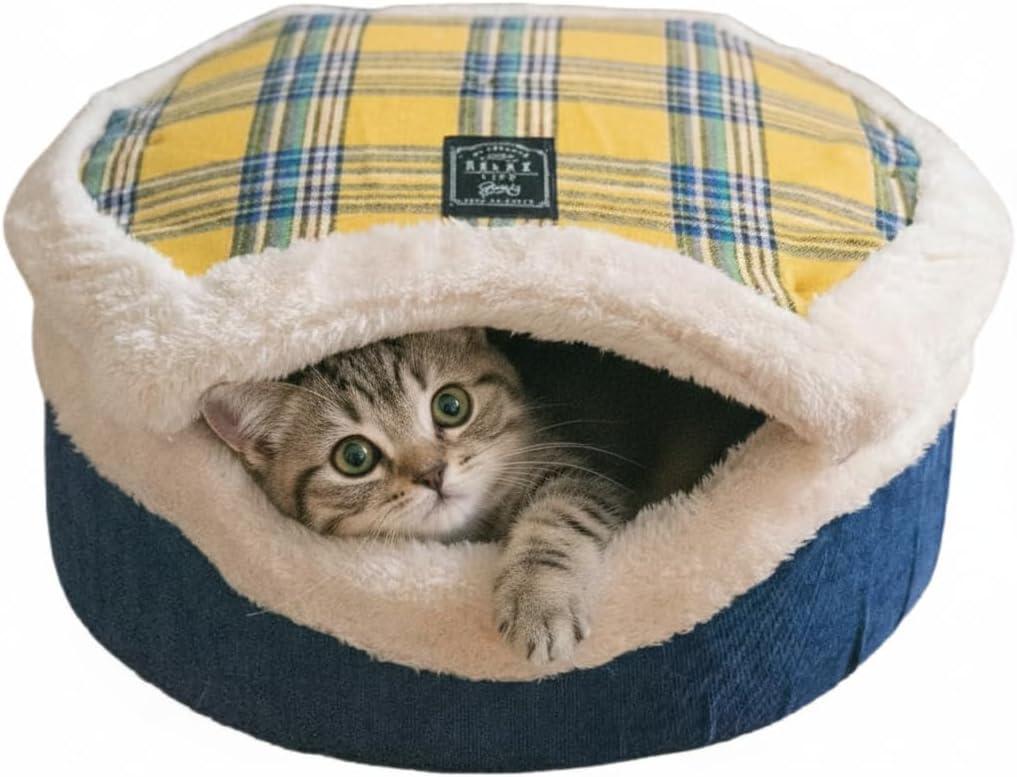 Cat Bed Cave  Enclosed Self Warming Hideaway with Detachable Lid & Mat, Covered House for Indoor Kitten & Kitty (Yellow)