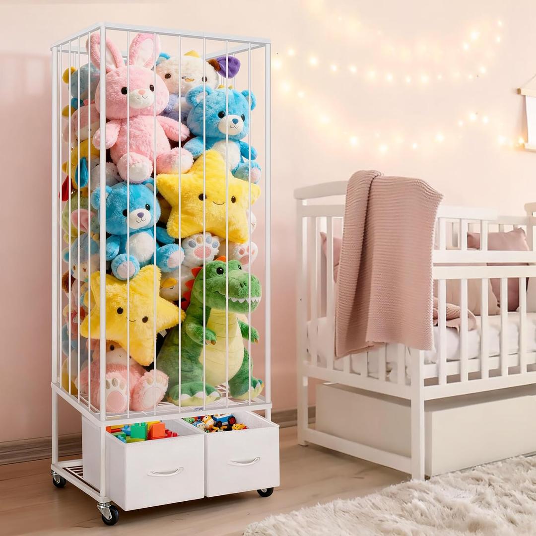 Stuffed Animal Storage - Large Stuffed Animal Zoo Holder with 2 Toy Bins - Plushies Storage with Elastic Band - Metal Plush Toy Organizer Brake Wheels Perfect for Toddler Rooms Playrooms Bedroom