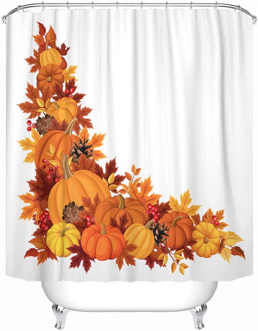 Emvency Fabric Shower Curtain Curtain with Hooks Brown Thanksgiving Corner with Pumpkins and Autumn Leaves Colorful Border Fall Leaf Gourd November Season 60"X72" Waterproof Decorative Bathroom