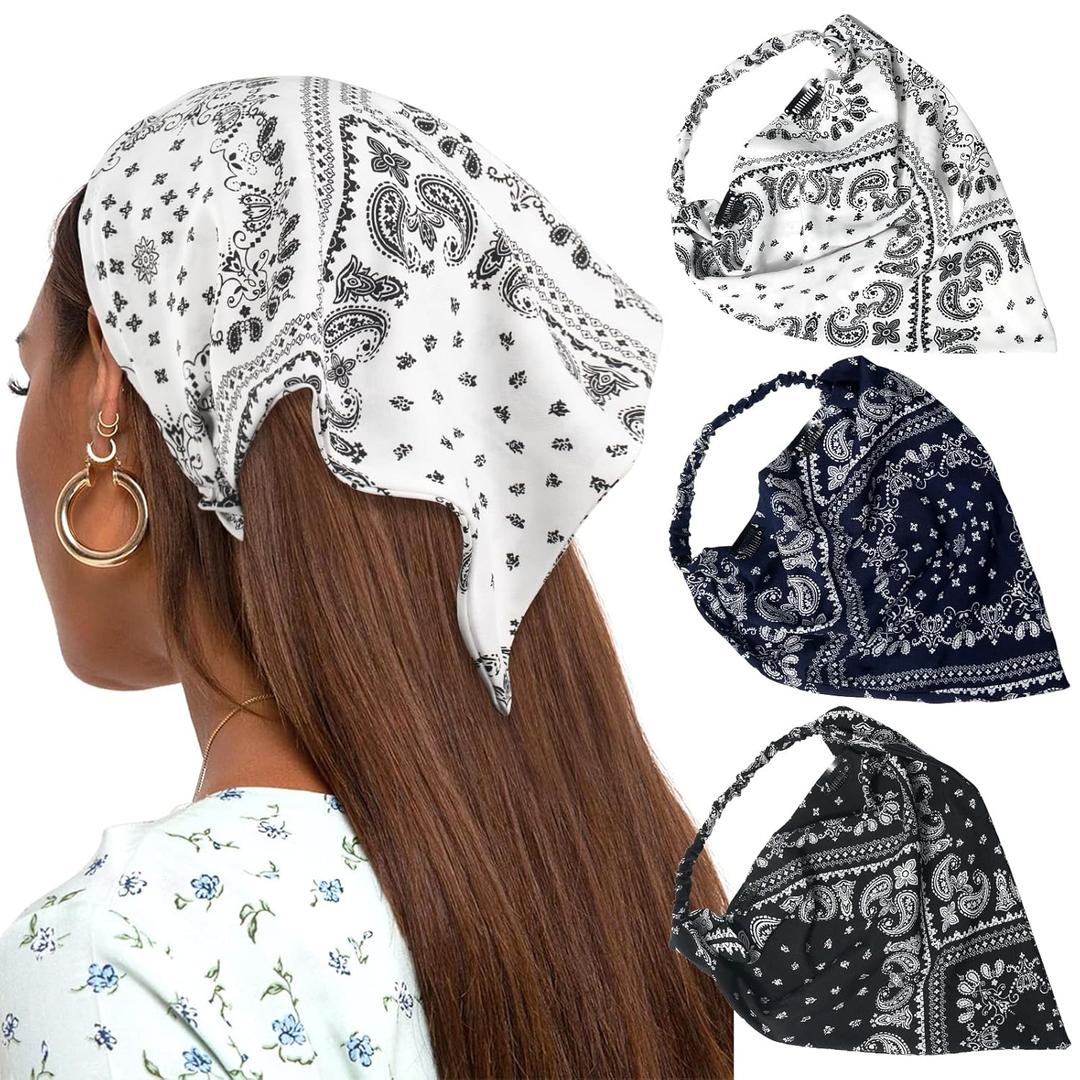 AWAYTR Elastic Hair Scarf Headband 3 PCS Head Scarves with Hair Clips Kerchief Headband for Women (Cashew(Black/Navy/White))