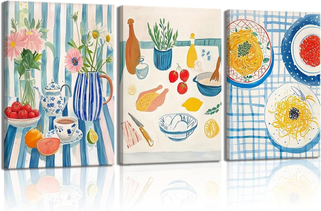 3pcs Blue Striped Dining Room Food Wall Art Funky Kitchen Wall Decor Pictures Vintage Kitchen Plant Posters Prints Pasta Night Painting for Dining Room Kitchen Home Decoration 12x16in Framed (Canvas)