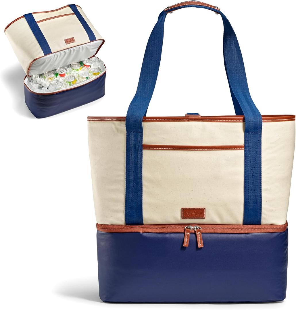 Fit & Fresh Dual Compartment Cooler Boat Tote, Beach Tote with 16-Can Insulated Leakproof Cooler Compartment, Canvas Soft Cooler with Accessory Pouch, Reusable Large Beach Bag for Pool & Beach, Navy