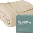 Cosy Family 6 Layer Muslin Bed Blanket - Breathable and Lightweight Gauze Boho Blanket for Spring, Soft 100% Cotton Muslin, Light Tan, 55x80 Inches
