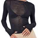 RoseSeek Women's Sheer Mesh Long Sleeve T Shirts Boat Neck Slim Fit Tee Tops Going Out See Through Shirts Black Medium