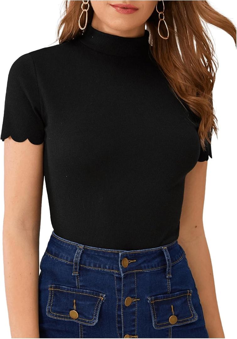 SweatyRocks Women's Mock Neck Ribbed Knit Scallop Short Sleeve T Shirt Tops (Medium, Black)