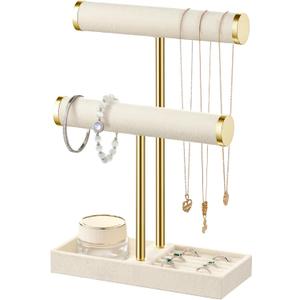 bussdis 2 Tier Bracelet Holder Display - Detachable T Bar Beige Velvet Bracelet Holder, Jewelry Holder Organizer for Bracelet, Necklace, Earrings, Rings
