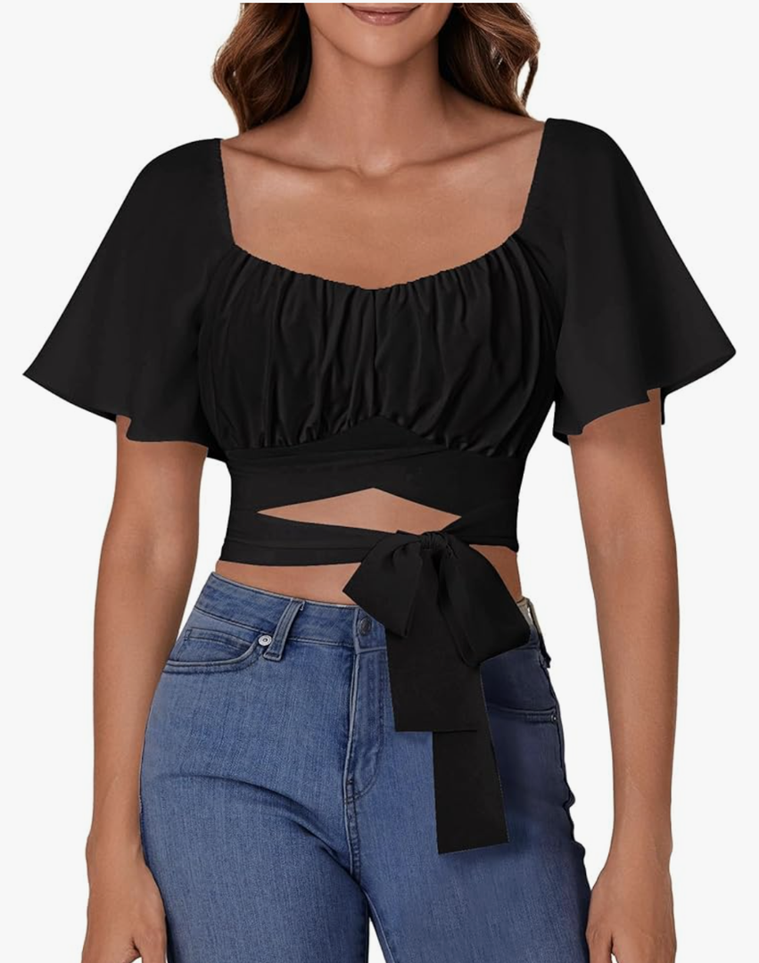 Rooscier Women's Ruched Wrap Ruffle Flare Short Sleeve Square Neck Self Tie Crop Top Blouse, Smal
